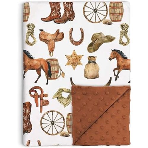 Western Cowboy Baby Blanket for Boys, Horse Theme Toddler Soft Minky Blanket with Double Layer Dotted Backing, Nursery Newborn Baby Crib Receiving My First Rodeo, 30"x40"