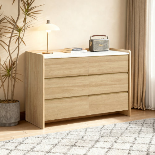 Wade Logan® 47.2'' 6 Drawer Dresser, Modern Oak Wood Dresser with Faux Marble Top, Bedroom Storage Chest | Wayfair