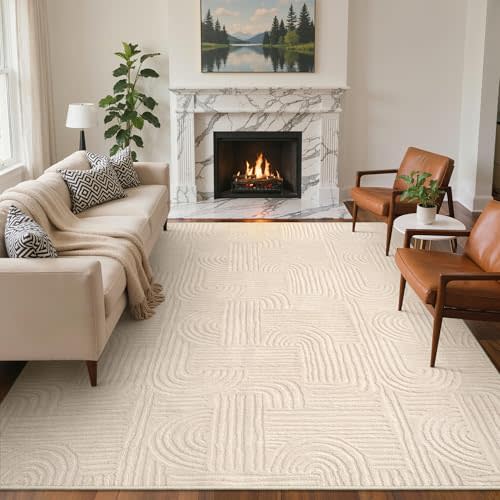 GENIMO Beige Rug 6x9 Washable Area Rugs for Living Room, Soft High Low Pile | Fluffy Shag Carpet, Cream Solid, Modern 3D Arch Textured, Throw Accent, Bedroom Dining Room Nursery Playroom Office, Non Slip