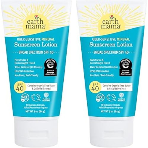 Earth Mama Uber-Sensitive Mineral Sunscreen Lotion SPF 40 | Non-Nano Zinc, Contains Organic Colloidal Oatmeal | Steroid-Free Eczema Cream for Baby, Kid & Family, 3-Ounce, 2-Pack