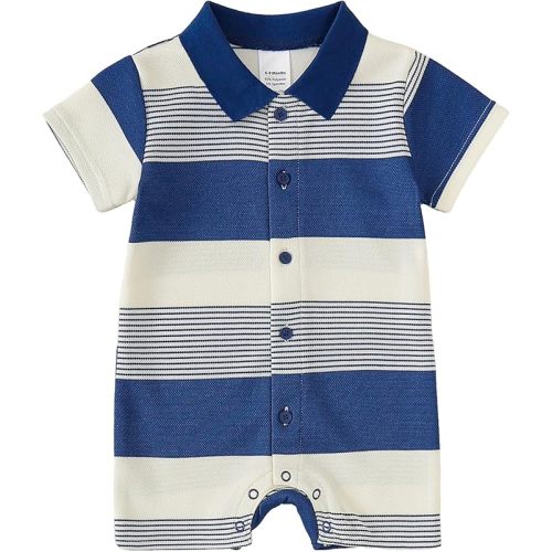 DEFAHN Baby Boy Polo Striped Rompers Short Sleeve Solid Bodysuit Jumpsuit Collared Infant One-Piece Outfits