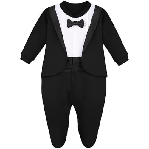 Lilax Baby Boy Gentleman Tuxedo Footie Christmas Holiday Outfit with Bow Tie