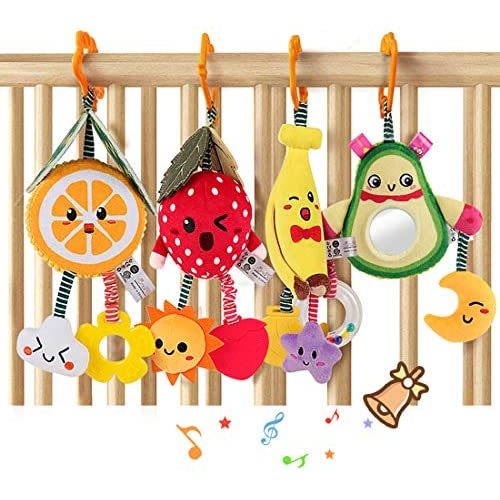 TUMAMA Baby Toys for 3 6 9 12 Months,Hanging Fruit Rattles Avocado,Banana,Orange and Strawberry,Stroller Mobile Toys,Plush Soft Rattles for Boys,Girls Christmas Gifts,4 Pack