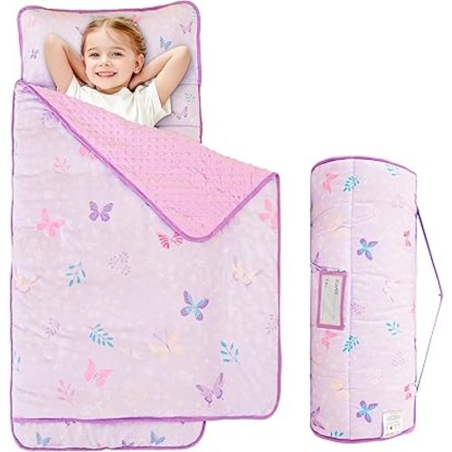 Viviland Toddler Kid Nap Mat for Preschool, Girls Purple Butterfly Slumber Bag, Daycare Sleeping Bag with Pillow and Blanket, Kindergarten Sleep Mat
