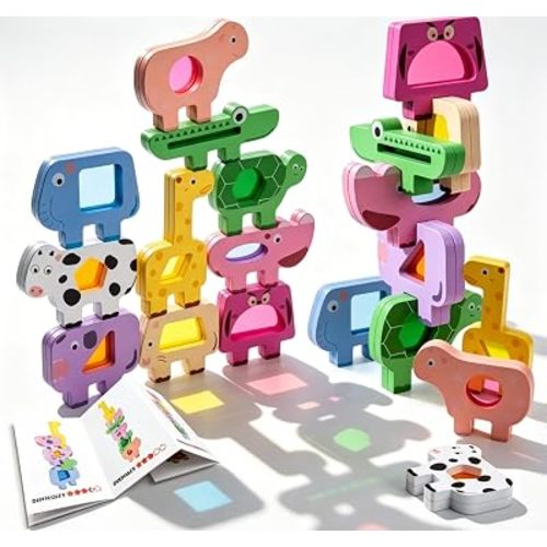 Atoylink Wooden Animal Stacking Block for Toddler with Acrylic Light Window