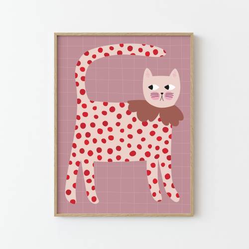 Cat Print | red polka dots | Illustration | Poster for Kids | Wall decor | children's room nursery