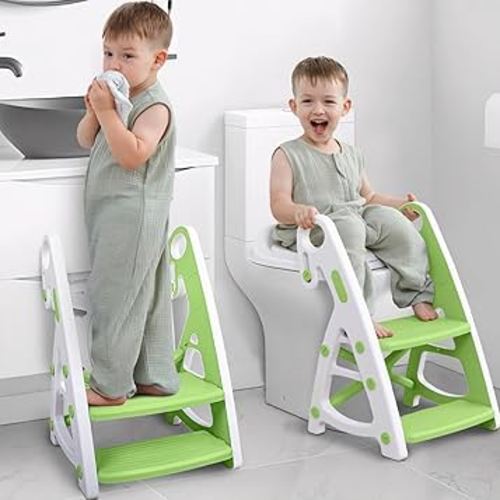 Primlect Potty Training Seat, 2-in-1 Toddler Toilet Seat with Step Stool, Ultra-Stable Potty Chair Attachment, Adjustable Seat and Step Ladder, Non-Slip Design, Splash Guard for Boys and Girls(Green)