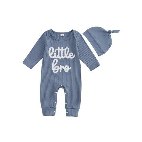 Baby Boy Fall Romper Letter Embroidery Ribbed Long Sleeve Crew Neck Jumpsuit With Hat | SHEIN USA