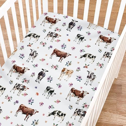 Watercolor Cow Boho Floral Baby Crib Sheets for Boy Girl 52"x28" Farm Cows Colorful Flowers Leaves Crib Mattress Cover Soft Breathable Unisex Baby Sheets for Standard Crib and Toddler Mattresses
