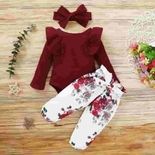 Kayannuo Baby Girl Clothes Long Sleeve Fall Winter Newborn Baby Girl Clothes Infant Outfits Ruffle Sleeve Romper Bodysuit Floral Pants Toddler Girl Outfits,Red