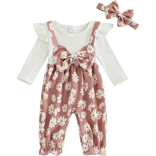 Newborn Baby Girl Fall Clothes Corduroy Floral Bow Onesie Jumpsuits Ruffle Long Sleeve Outfit Infant Cute Romper