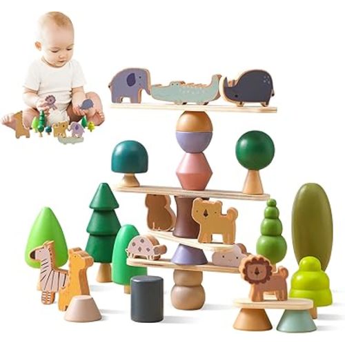 Wooden Animal Forest Balance Stacking Toy Set 36PCS Wood Miniature Tree Blocks Set Elegant Ornaments for Home Decor Wooden Mini Trees Animals Balance Toy for Toddler 36 Months+