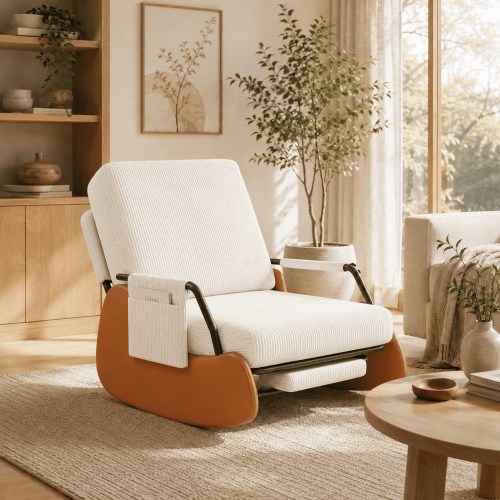 Modern Upholstered Glider Rocker, Adjustable Recline & Hidden Footrest, Soft Chenille Fabric Nursery Chair , Comfy Lounge Chair for Living Room & Bedroom (Beige)