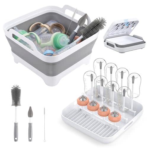 Yecuip Collapsible Wash Basin for Baby Bottles with Drying Rack – 2.4 Gallon Foldable Dish Tub with Handles, Portable RV Camping Sink & Space-Saving Wash Bin with Lid for Kitchen, Travel & Outdoor