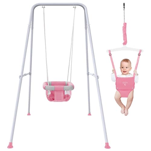 2 in 1 Baby Jumper with Swing - Indoor and Outdoor Use, Toddler Swing with Foldable Stand （Pink）