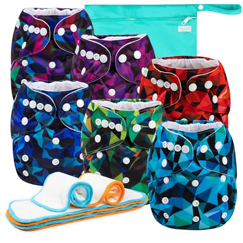 wegreeco Cloth Diapers 6 Pack with 6 Inserts & 1 Wet Bag, Washable Cloth Diapers for Babies, One Size Adjustable Reusable (Abstract Geometrical)