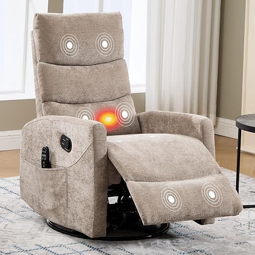 Manual Swivel Rocker Recliner Chair for Adults, Overstuffed Reclining Glider Chair for Nursing with Vibration Massage & Heat, Living Room Rocking Recliner 3-Stage backrest, Chenille Fabric Khaqi