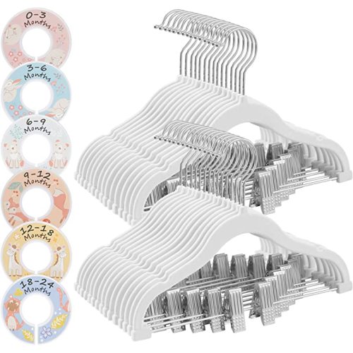 SONGMICS 30 Packs Baby Pants Hangers with Clips, Kids Hangers with 6 Clothes Dividers, Non-Slip Children’s Clothes Hanger, White UCRF013W30