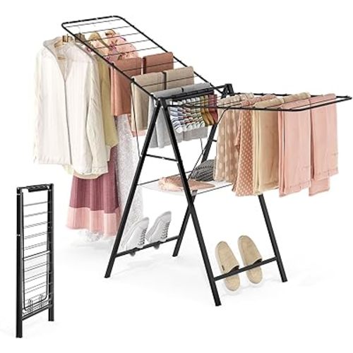 APEXCHASER Clothes Drying Rack Foldable, Metal Laundry Drying Rack with Height Adjustable Rails, Ultra Thin Drying Rack Clothing Towel Sweater Shoe for Indoor Outdoor, Gullwing Clothes Airer, Black