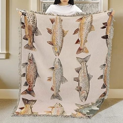 Moukeren 60 x 50 Inch Woven Tapestry Throw Blanket with Colorful Tassel, Rainbow Trout, Great Lakes Trout Fishing Gift, Fly Fishing Gift for Fisherman Dad or Husband
