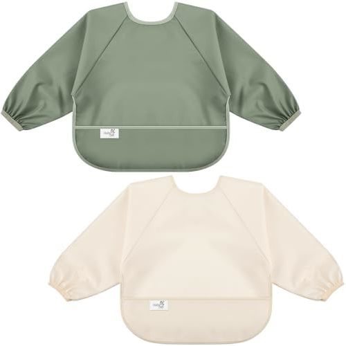 Long Sleeve Baby Bib, Waterproof Fabric, Full Coverage with Catch-All Pocket, 2pk Baby Smock Bib, Adjustable Sleeves Toddler bib for Ages 6-24 Months