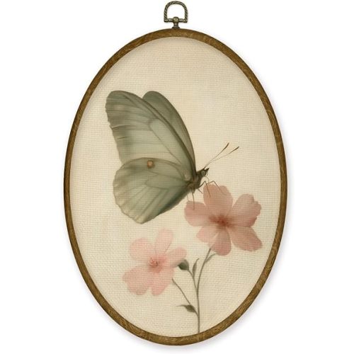 JMENGSSFL Vintage Butterfly Floral Oval Wall Art Decor, Rustic Cottagecore Butterfly Canvas Prints, Neutral Farmhouse Green Moth Flower Framed Wall Art for Home Bedroom Living Room Decor, 8.6x11.4 Inch