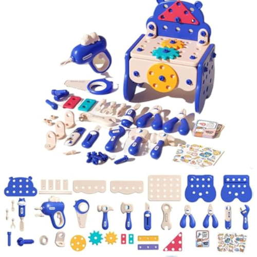Hippo All in One Tool Hub DIY Tool Box Set, 66PCS Toddler Tool Set with Electronic Drill and Screw Toys, Educational Tools for Kids, Pretend Kids Tool Box Birthday for Boys Girl (82PCS Blue)