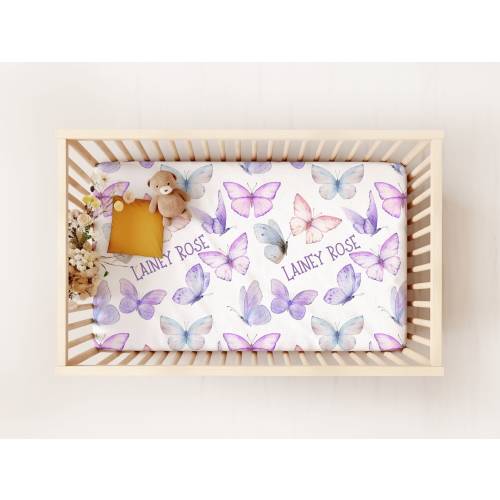 Personalized Butterfly Fitted Crib Sheet, Baby Bedding With Name and Butterflies, Pink and Purple Nursery Sets, Delicate Baby Nursery Decor