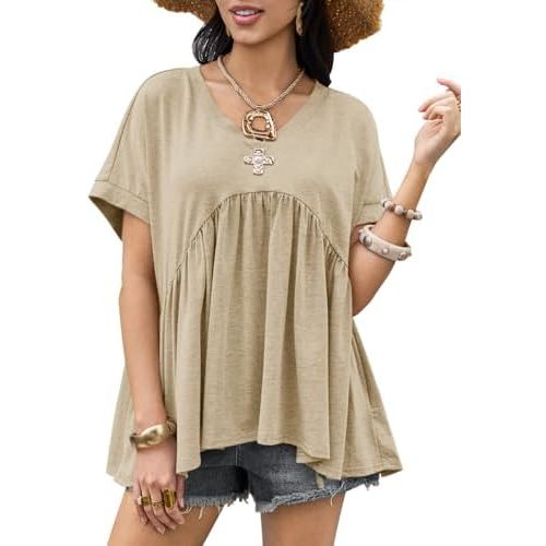 Cicy Bell Womens Summer Peplum Tops Babydoll Short Sleeve V Neck T Shirts