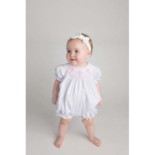 Smocked Cross Bubble Romper in White With Pink Crosses and Lace Baptism, Christening, Baby Girl, Heirloom, Bishop Style - Etsy