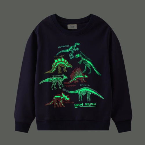 【18M-7Y】Boys Casual Cartoon Dinosaur Print Luminous Pattern Dark Blue Sweatshirt