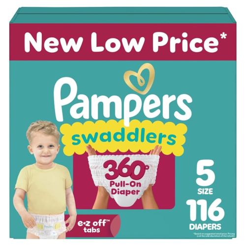 Pampers Diapers - Swaddlers 360° - Size 5, 116 Count, up to 100% Leakproof Comfy Dry Fit, Designed for Easy Changes, Pull On Baby Diaper (Packaging May Vary)