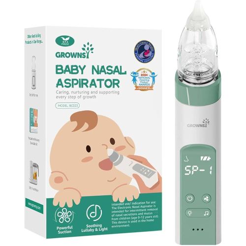 GROWNSY Nasal Aspirator for Baby, Electric Nose Aspirator for Toddler, Baby Nose Sucker, Automatic Nose Cleaner with 3 Silicone Tips, Adjustable Suctions, Music and Light Soothing Function (Green)