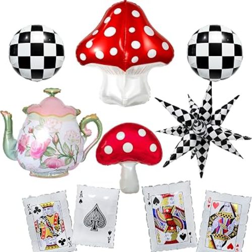 Whimsical Tea Party Decorations,4D Mushroom/Playing Card/Teapot/Checkered Foil Balloons For Alice Party Decor,Fairy Party Balloons,Onederland 1st First Birthday,babyshower decor