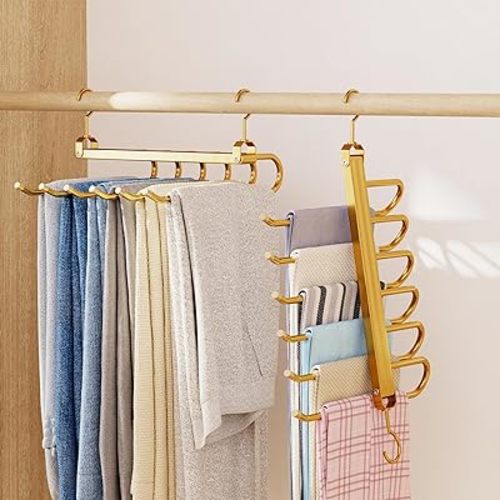 Pants Hangers,2 Pack Golden Metal Alloy Hangers Closet Organizer,Sturdy Space-Saving Clothes Pants Hangers, Closet Organizers for Pants Jeans Skirts Scarf Legging