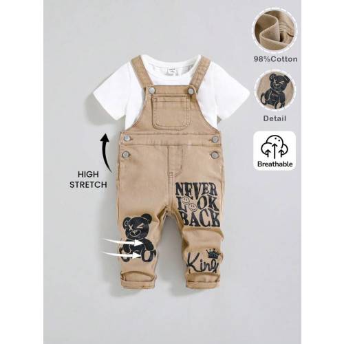 SHEIN Baby Boys' Casual Cute Bear And Letter Pattern High Elasticity Skinny Denim Overalls Jumpsuit ,Casual And Versatile For Baby Baby Spring/Summer Clothes Spring Break Outfit Streetwear Outfits | SHEIN USA