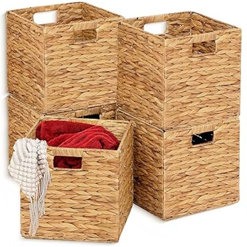 11x11in Wicker Storage Baskets Set of 5 Collapsible Water Hyacinth Basket for Organizing,Handwoven Woven Bins for Bedroom,Living Room,Shelves - Natural