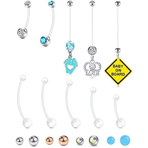 TOKRING Pregnancy Belly Button Rings Plastic Maternity Long Belly Button Rings Bar for Healing Clear Flexible Belly Piercing Retainer with Different Balls for Replacement 18mm 25mm 32mm 35mm 38mm