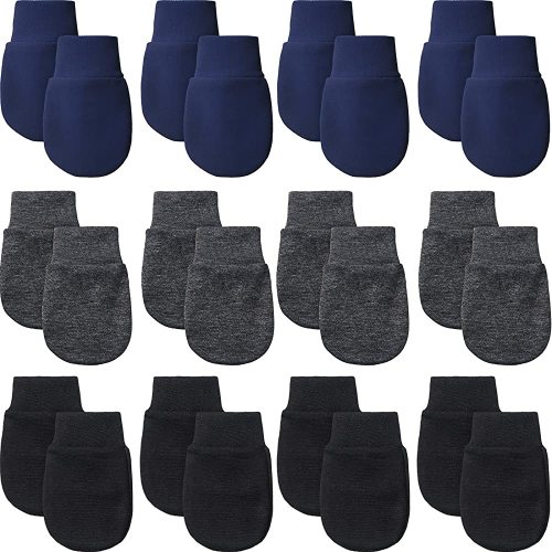 12 Pairs Newborn Baby Mittens Infant Toddler Gloves No Scratch Mittens Gloves for 0-6 Months Baby Boys Girls (Navy Blue, Black-Gray, Black, Cute)