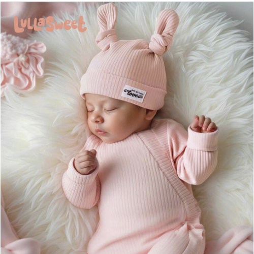 SHEIN 2Pcs Set Newborn Girl Outfits For Photo Shooting Pink Ruffle Jumpsuit With Knot Hat Infant Photography Props