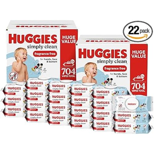 Huggies Simply Clean Unscented Baby Diaper Wipes, 22 Flip-Top Packs (1408 Wipes Total), Packaging May Vary (Pack of 4)