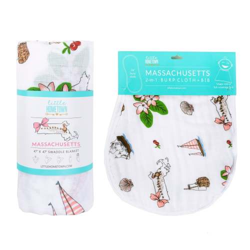 Gift Set: Massachusetts Floral Baby Muslin Swaddle Blanket and Burp Cloth/Bib Combo Baby Shower Essential for Newborn