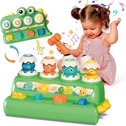 Pop Up Animal Toys for 6-12-18 Months Old Babies, Cause and Effect Toys with Buttons & Hammer, Musical Toy with Light, Early Learning Sensory Toy for 1 Year Old Toddler Boys Girls Birthday Gift
