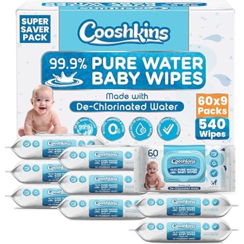 Bulk 540 Wipes – 60 Count (Pack of 9) De-Chlorinated Pure Water Baby Wipes | Gentle Unscented Wipes for Sensitive Skin | 99.9% Pure Water Based | Alcohol-Free, Paraben-Free | Soft & Thick