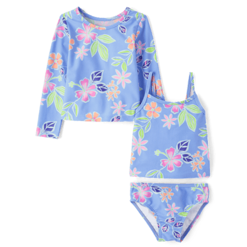Toddler Girls Tropical 3-Piece Swimsuit - Blue
