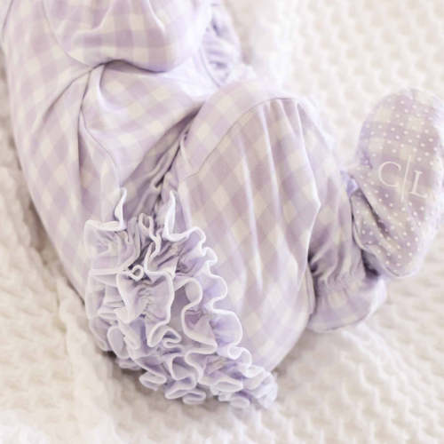 Peter Pan Collar Ruffle Zipper Footie | Lilac Gingham