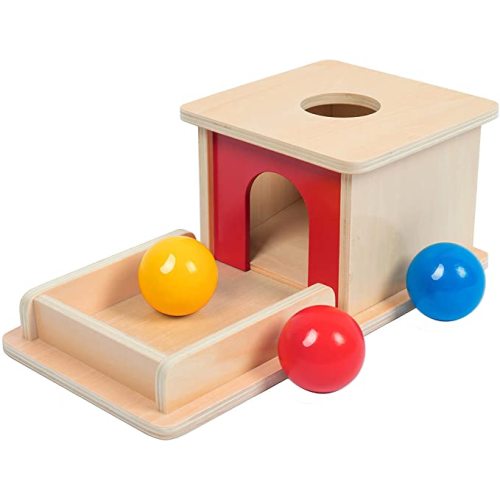 Adena Montessori Full Size Object Permanence Box with Tray Three Balls Montessori Toys for 6-12 Month Infant 1 Year Old Babies Toddlers - 3 Colored Wooden Ball