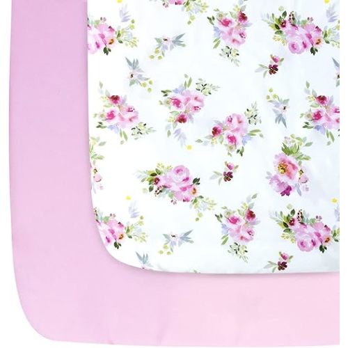 Pack and Play Sheets Girl, 2 Pack Mini Crib Sheets, Stretchy Playard Fitted Sheet, Compatible with Graco Pack n Play, Soft and Breathable Material, Floral