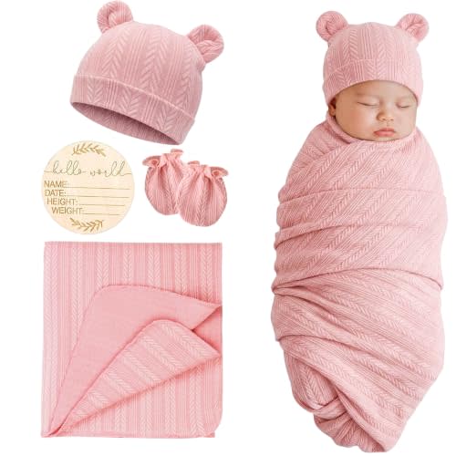 DRESHOW BQUBO Newborn Receiving Blankets for Baby Girl Boy Swaddle with Bear Hat No Scratch Mittens Announcement Card Set for 0-3 Months