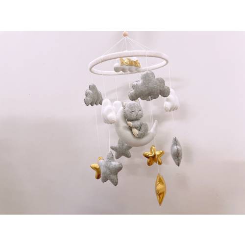 Handmade Cat Nursery Mobile, Clouds and Stars Decor, Baby Shower Gift